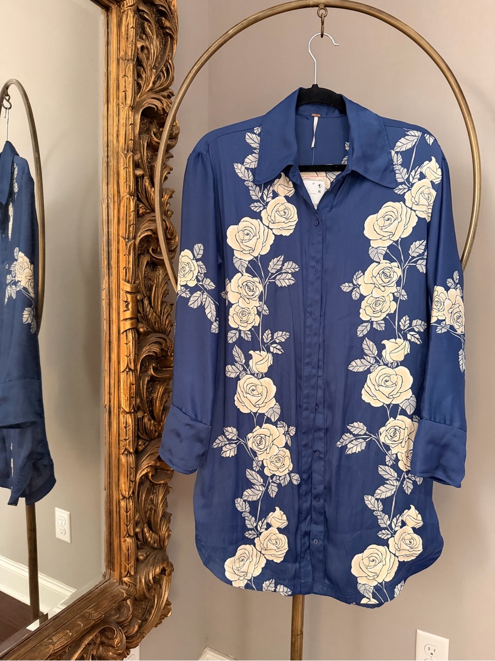 NWT Free People Blue Floral Button-Up Oversized Tunic